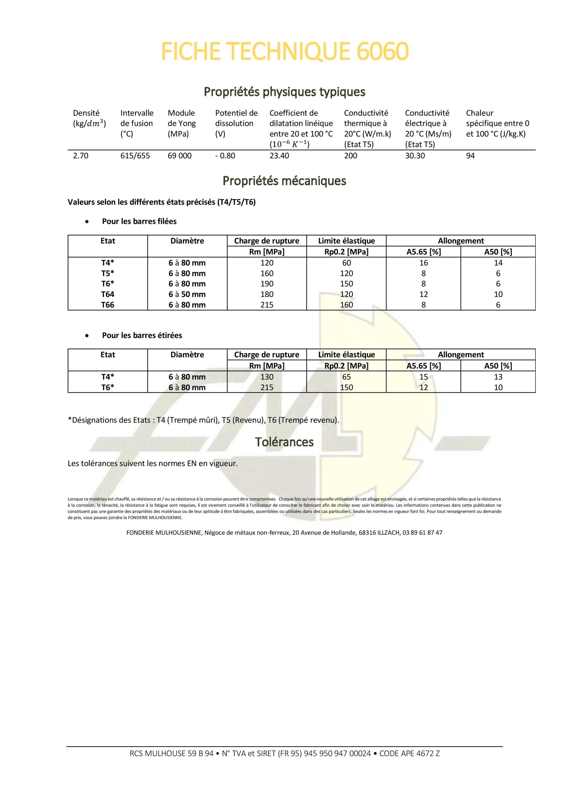 Fiche technique 6060. Liste des codes produits, dimensions et spécifications.