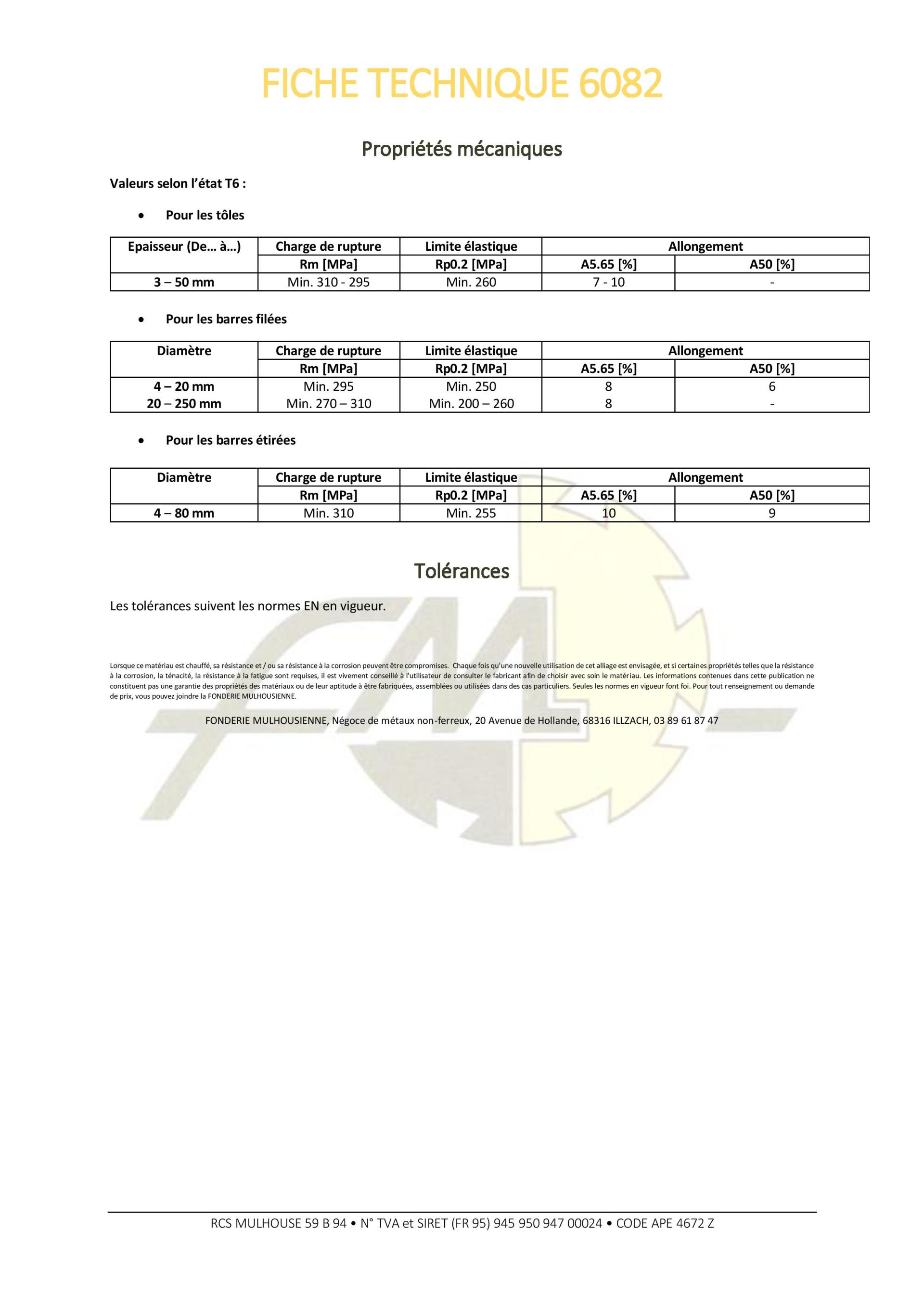 Fiche technique du produit 6082, présentant les informations produit sous forme de tableau.