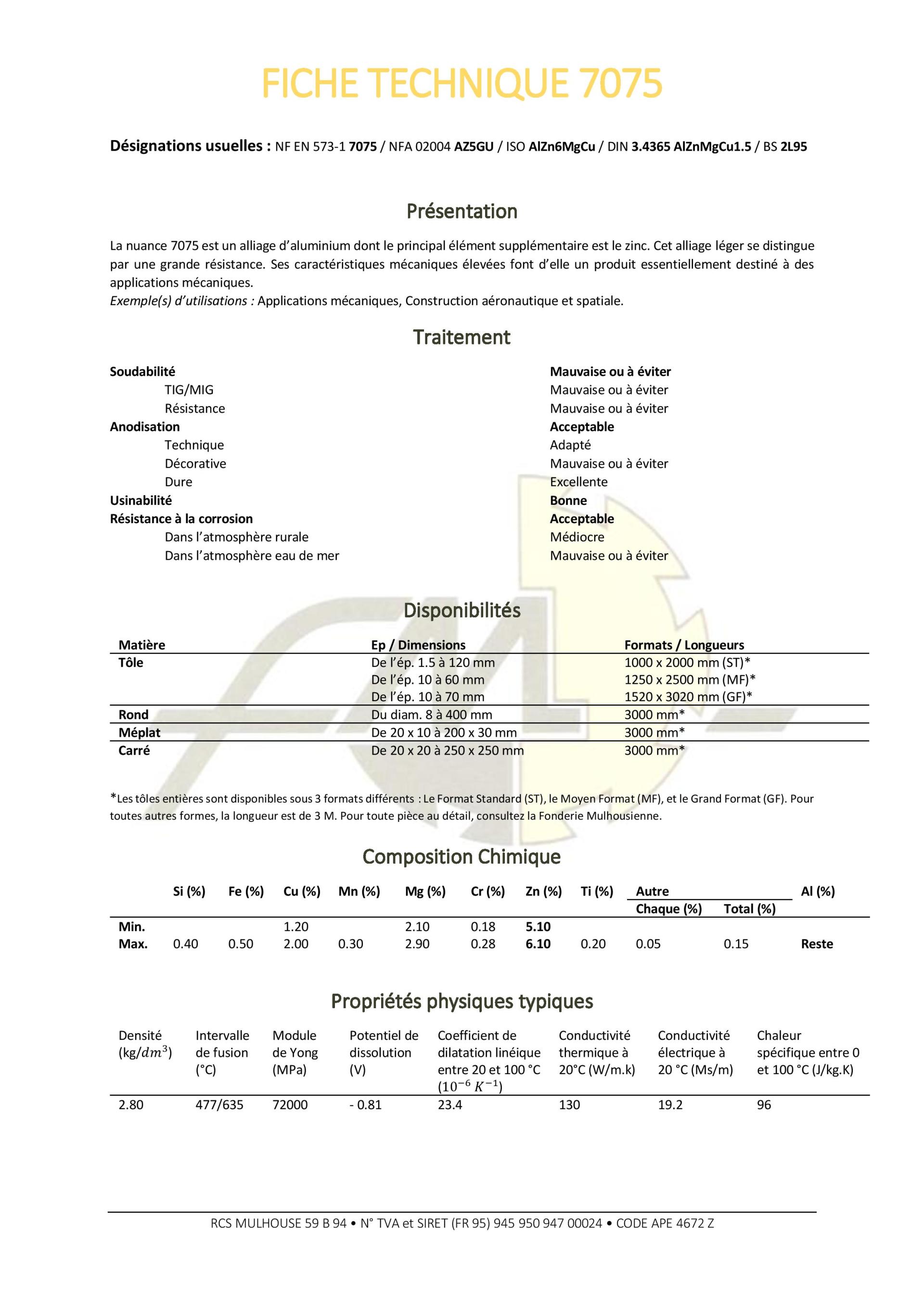 Fiche technique de l'alliage 7075. Contient des données telles que les propriétés, la composition et les caractéristiques physiques.