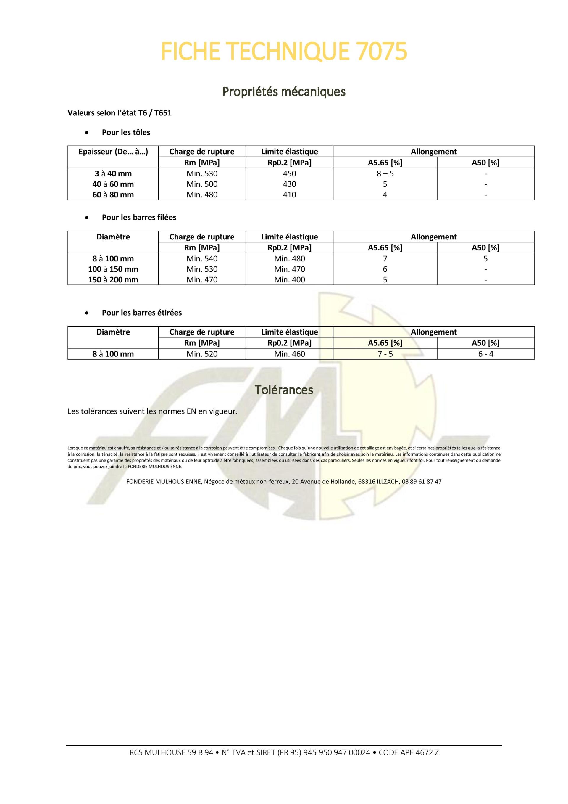 Fiche technique de l'alliage d'aluminium 7075, avec ses propriétés mécaniques et sa composition.