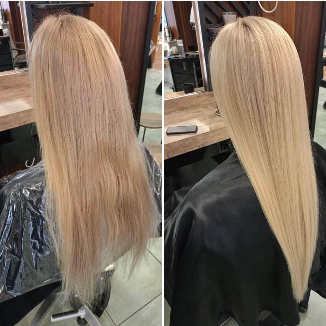 Vorher nachher Kundin mit blondem langem Haar