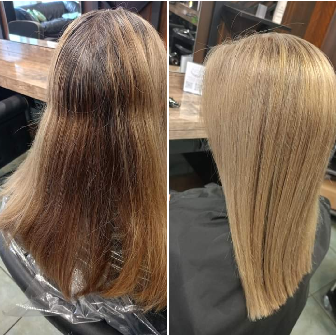 Vorher nachher Kundin mit neuer Haarfarbe