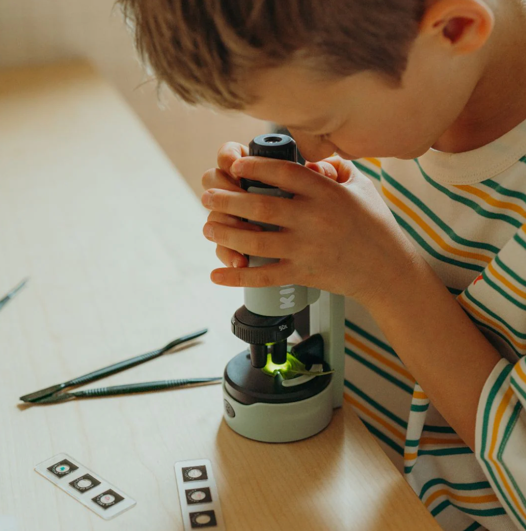 Un garçon regardant dans un microscope