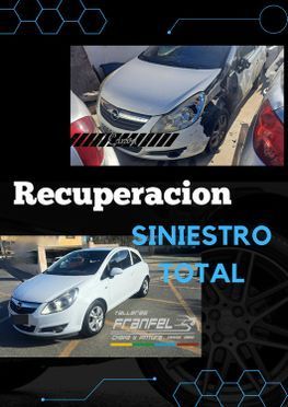Fotos del antes y el después de un coche blanco dañado que está siendo reparado por Talleres Franfel.