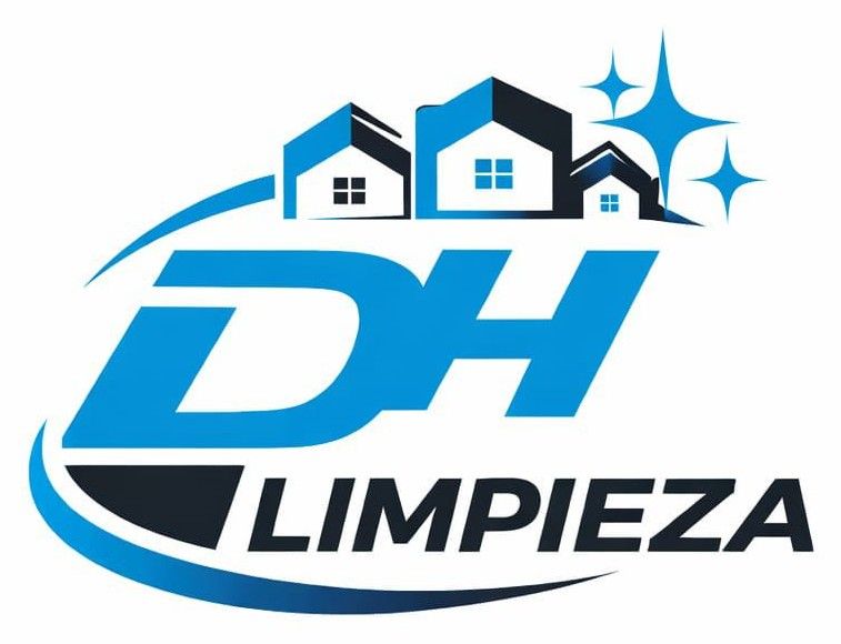 Logo azul y negro de &ldquo;DH Limpieza&rdquo; con casas y destellos arriba