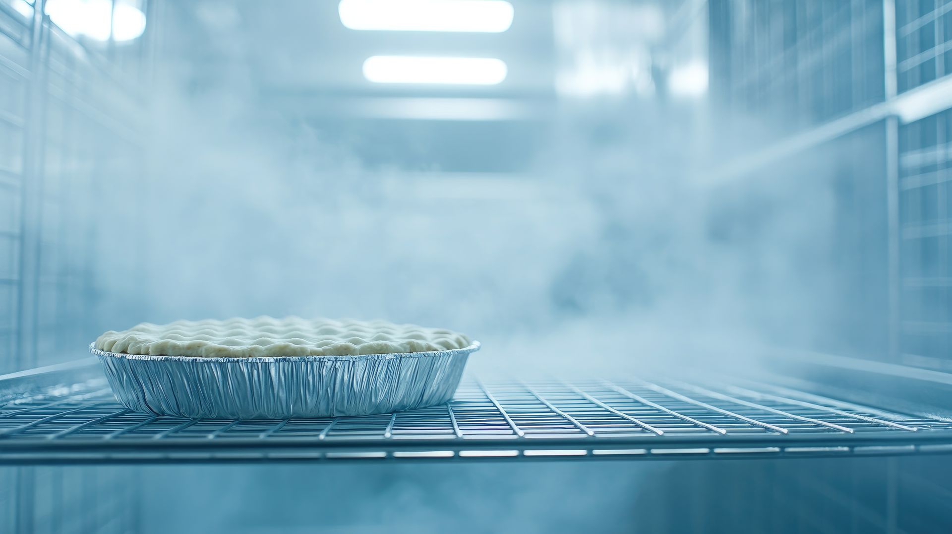 Une seule tarte, emballée dans une barquette en aluminium, repose sur une grille métallique à l'intérieur d'un congélateur industriel froid et embué.