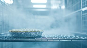 Une seule tarte, emballée dans une barquette en aluminium, repose sur une grille métallique à l'intérieur d'un congélateur industriel froid et embué.