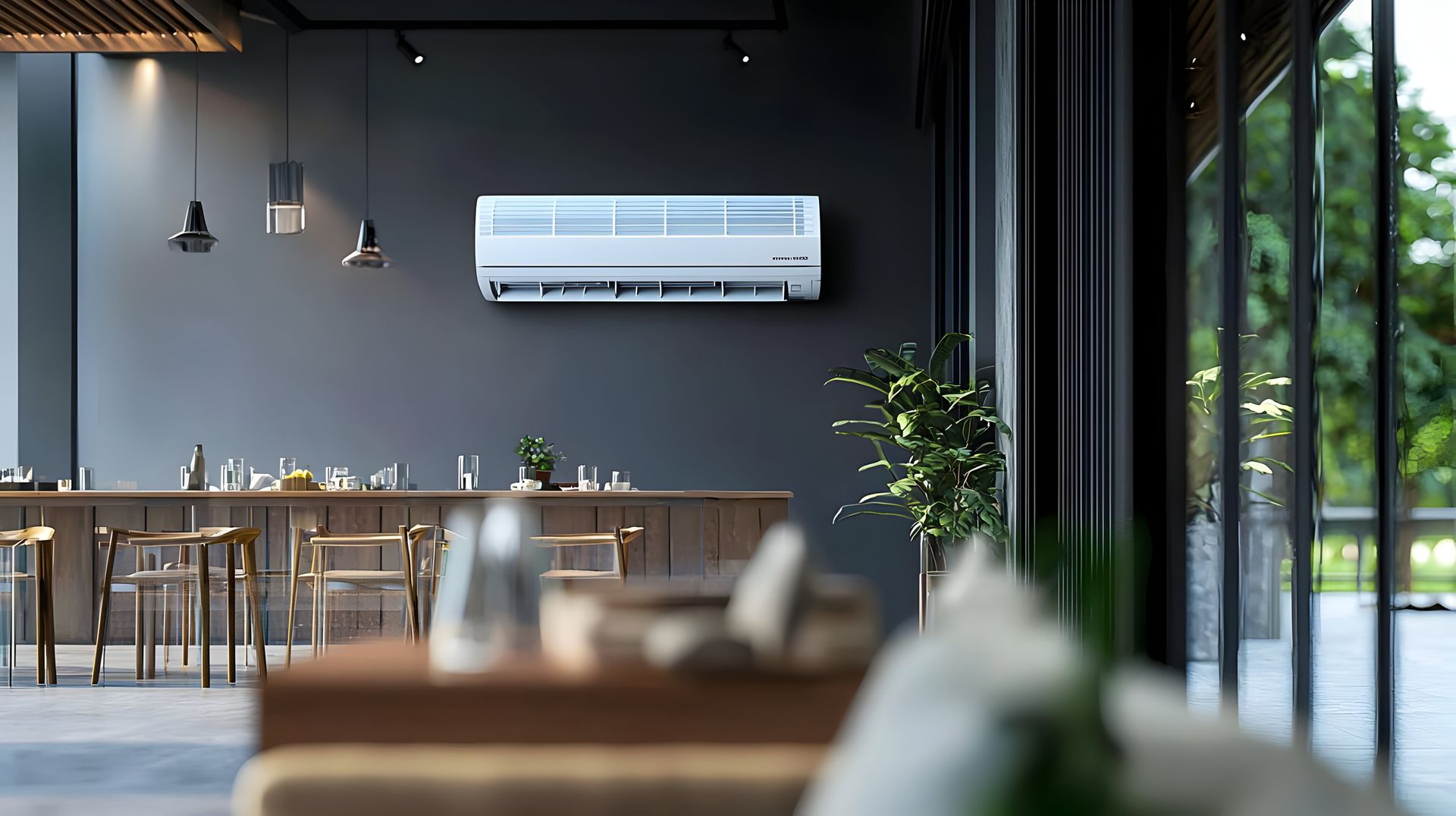 Un intérieur moderne et minimaliste avec un climatiseur blanc mural placé au centre d'un coin bar avec tabourets et plantes.