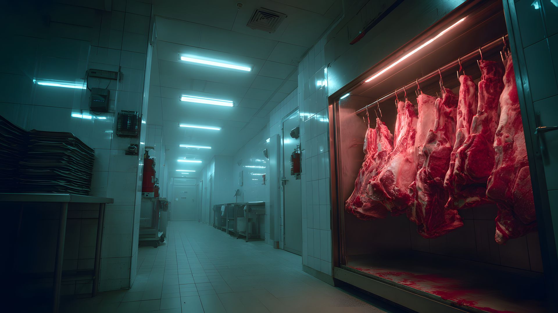 Un couloir industriel lumineux, avec de la viande crue suspendue à des crochets à l'intérieur d'une vitrine réfrigérée sur la droite.