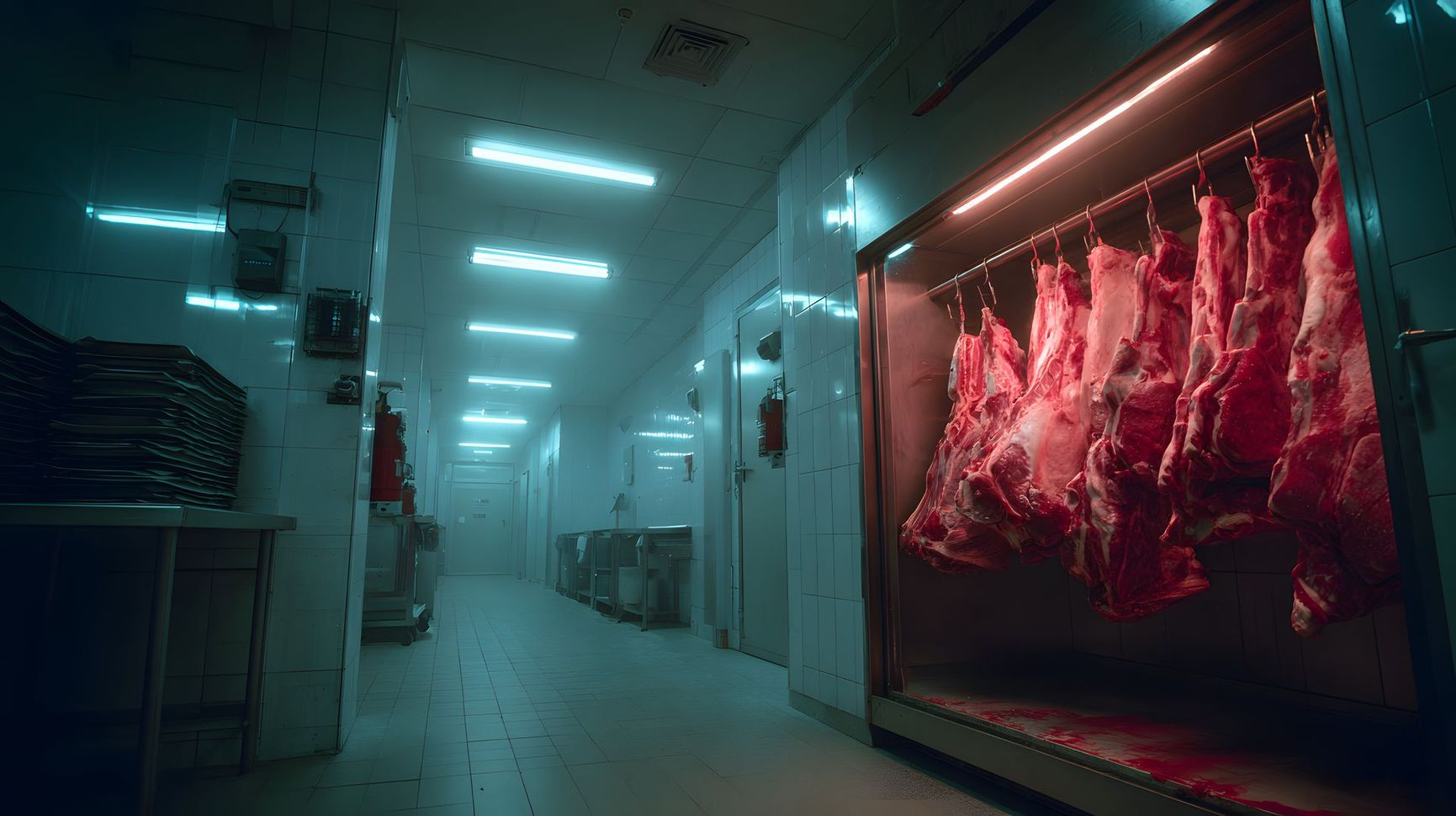 Un couloir industriel lumineux, avec de la viande crue suspendue à des crochets à l'intérieur d'une vitrine réfrigérée sur la droite.