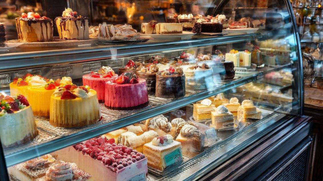 Une vitrine remplie de rangées de gâteaux, de cheesecakes et de pâtisseries assortis dans une boulangerie.