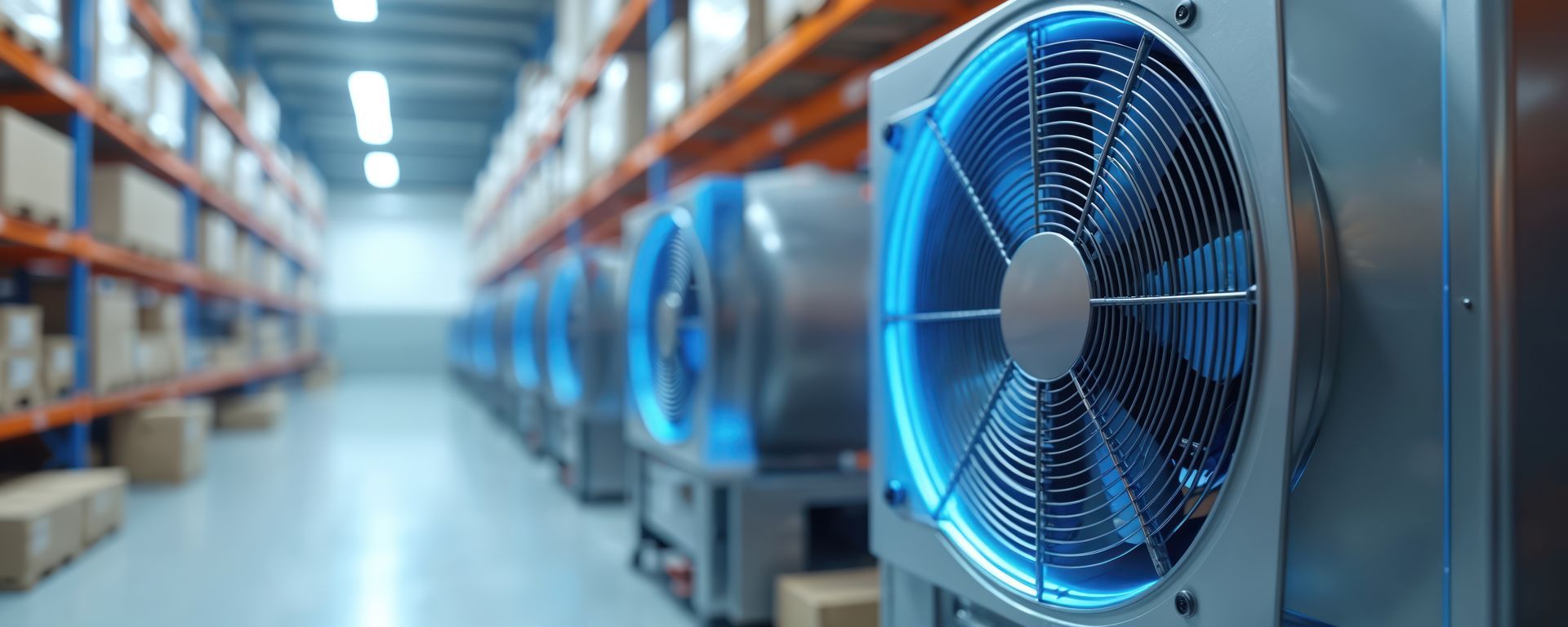 Des rangées de ventilateurs industriels aux lumières bleues scintillantes bordent une allée d'un entrepôt avec des étagères de stockage.