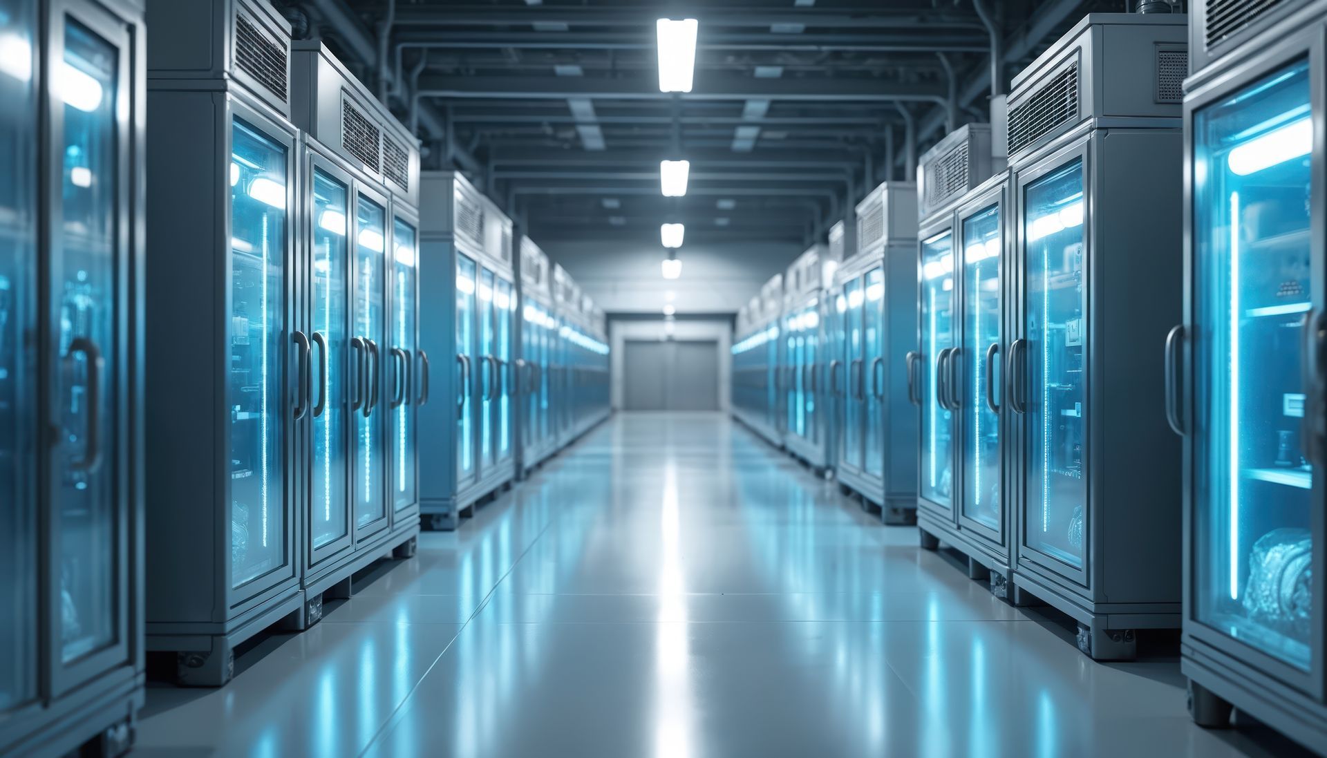 Un couloir symétrique de style industriel, bordé de rangées d'armoires de rangement à portes vitrées éclairées par un éclairage froid et diffus.