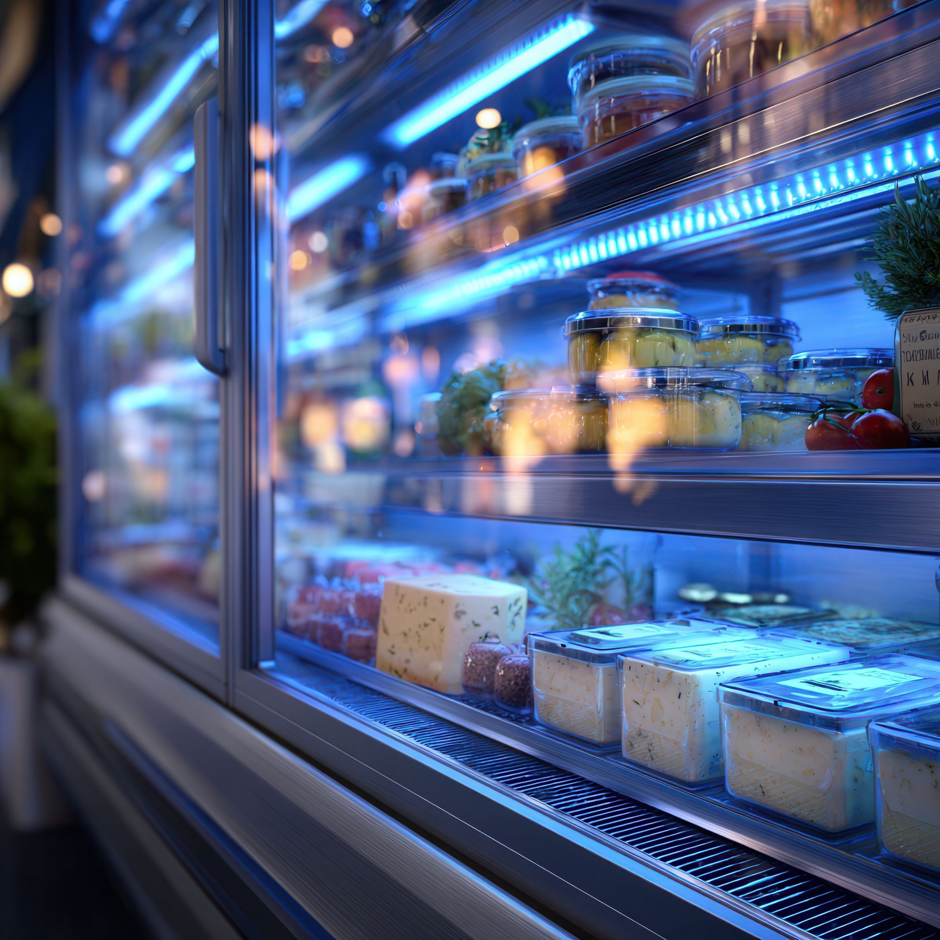 Une vitrine réfrigérée de charcuterie remplie de contenants d'aliments, de fromages et de produits frais, illuminée par des lumières LED bleues.
