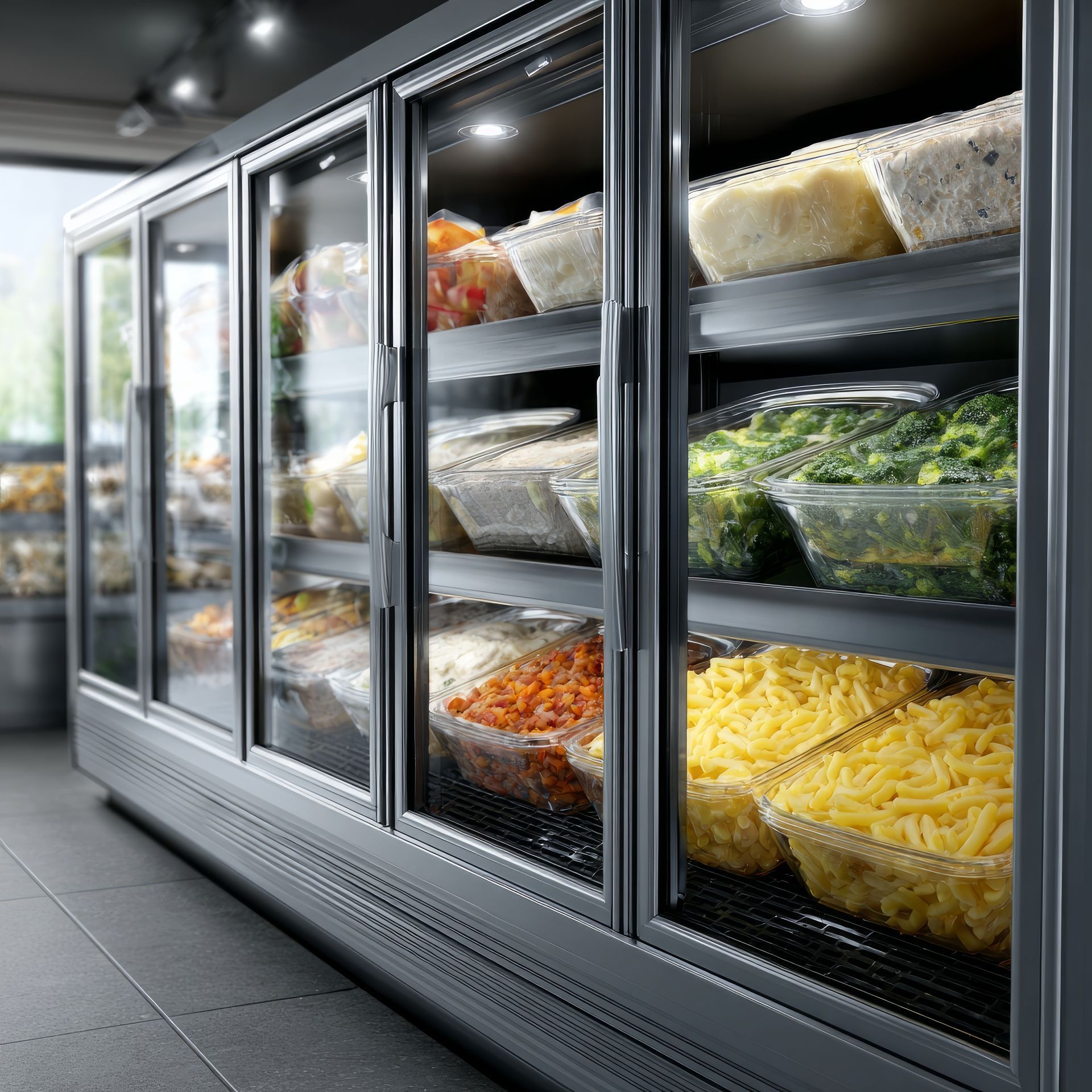 Une rangée de réfrigérateurs commerciaux à façade vitrée remplis de contenants alimentaires préemballés, notamment des salades et des pâtes.