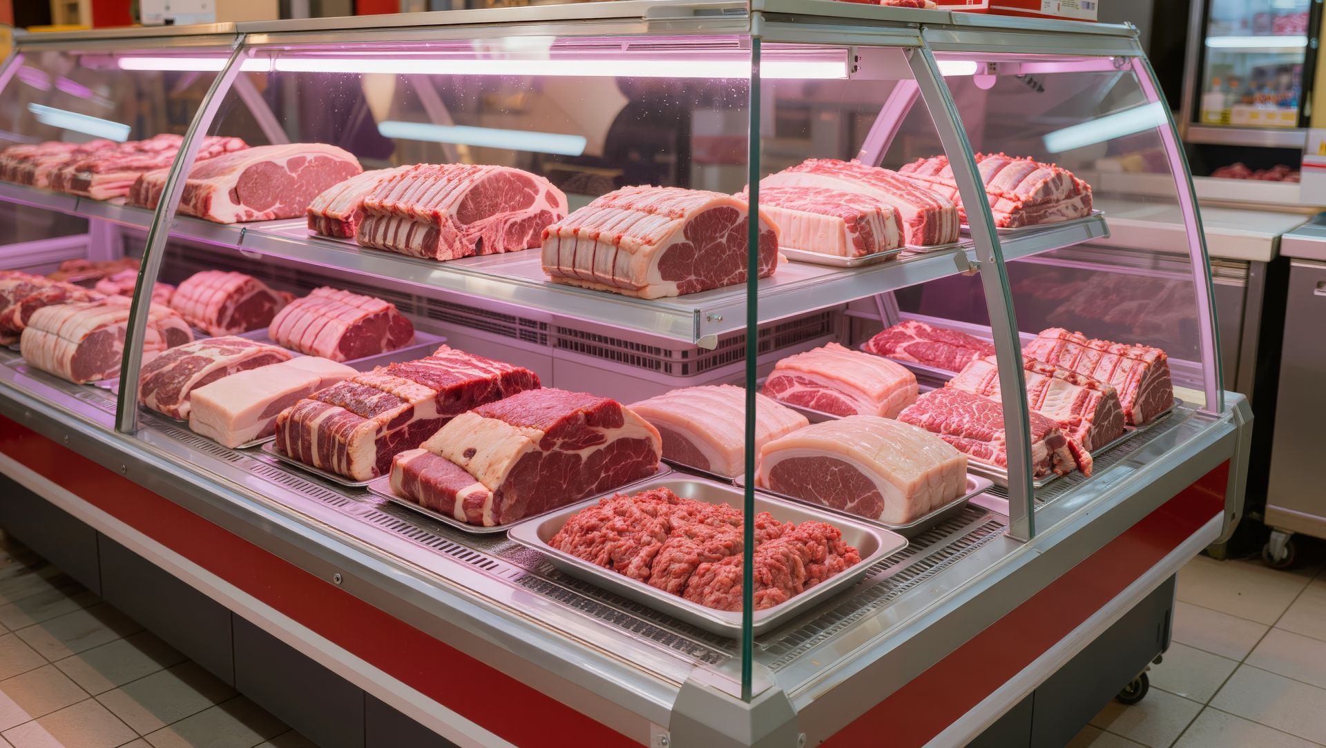 Une vitrine réfrigérée dans une épicerie, remplie de différentes coupes de bœuf cru, disposées sur des plateaux.