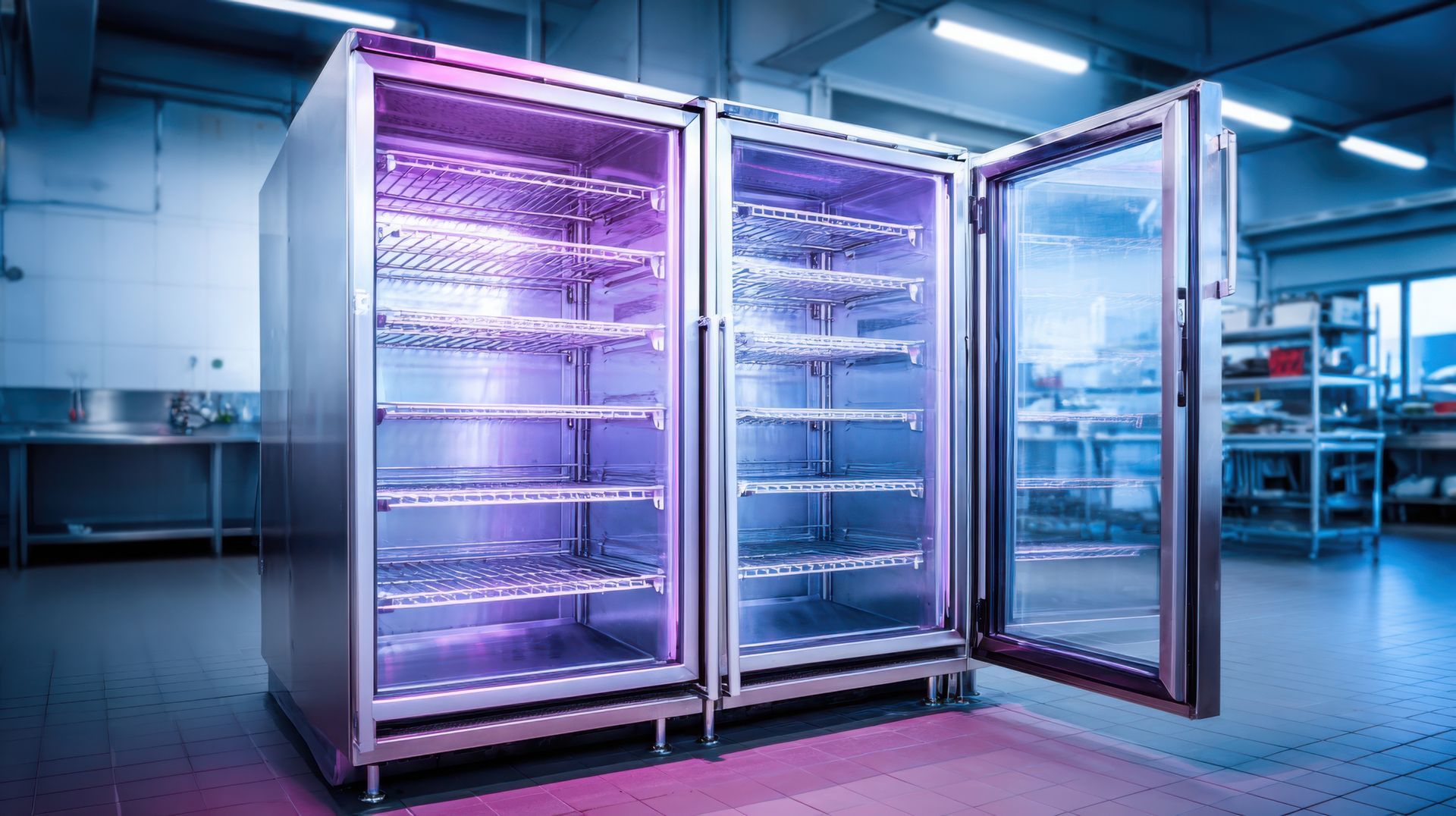Un grand réfrigérateur industriel en acier inoxydable à deux portes vitrées, illuminé par une lumière intérieure violette, se trouve dans une cuisine.