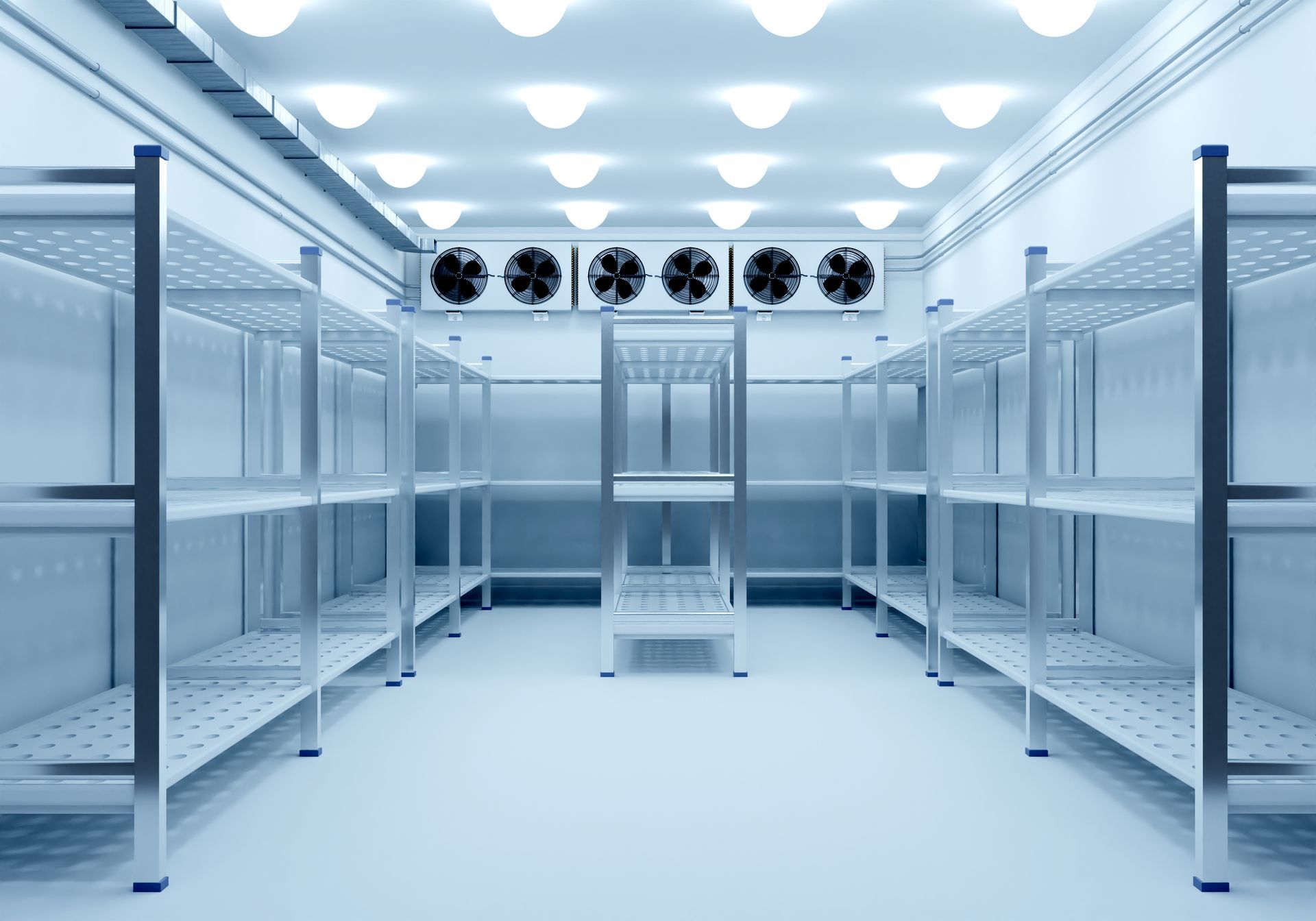 Une chambre froide, de couleur bleuâtre, servant de réfrigérateur ou de congélateur industriel, avec des étagères métalliques vides et des ventilateurs fixés au plafond.