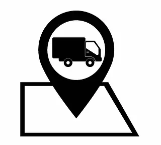 Un icono en blanco y negro de un camión en un pin del mapa.