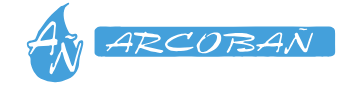 Un logotipo azul con la palabra arcoban.