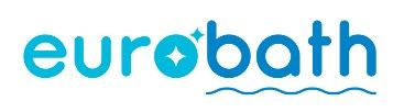 Un logotipo azul y blanco para eurobath sobre un fondo blanco.