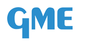 Un logotipo azul de GME sobre un fondo blanco.