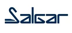 Un logo azul para salsar sobre un fondo blanco.