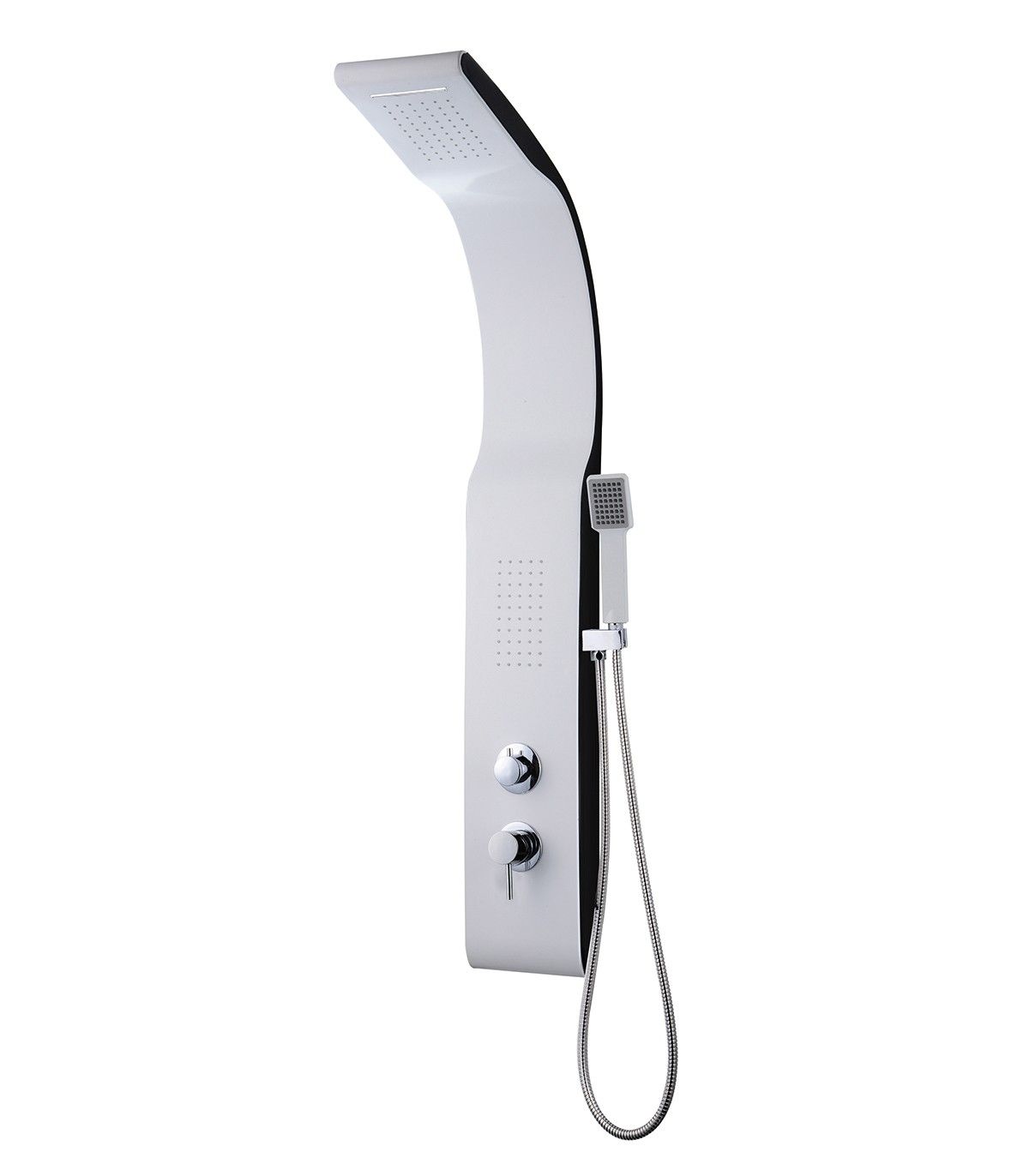 Un cabezal de ducha con una manguera conectada a él sobre un fondo blanco.