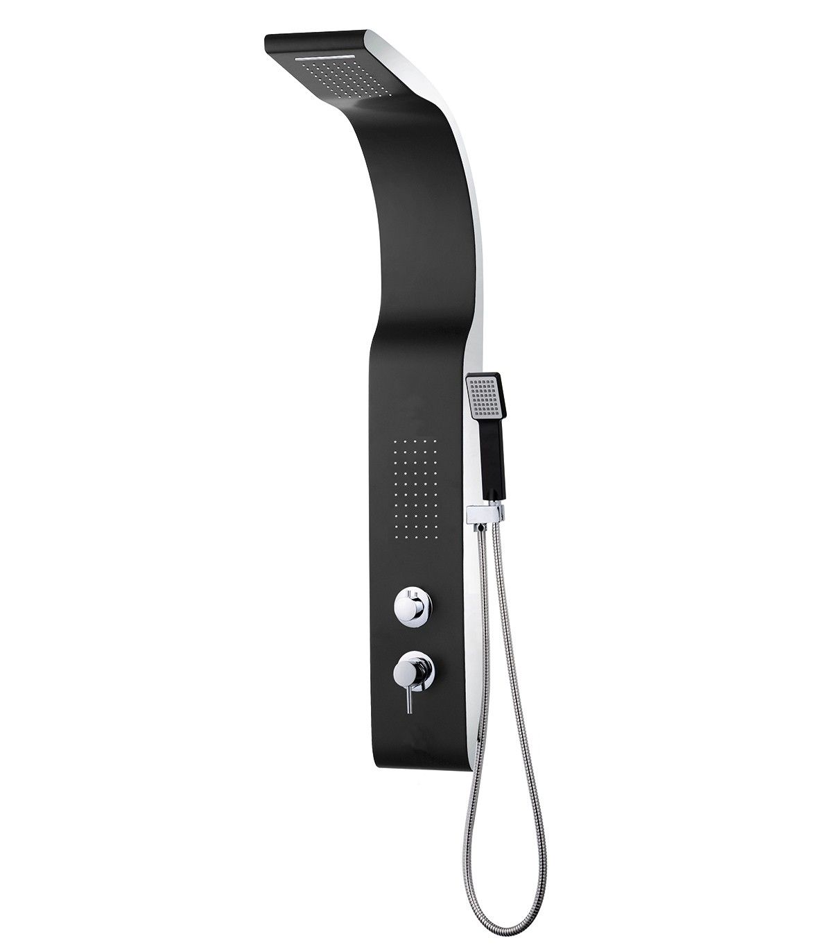 Un cabezal de ducha negro con una manguera conectada a él