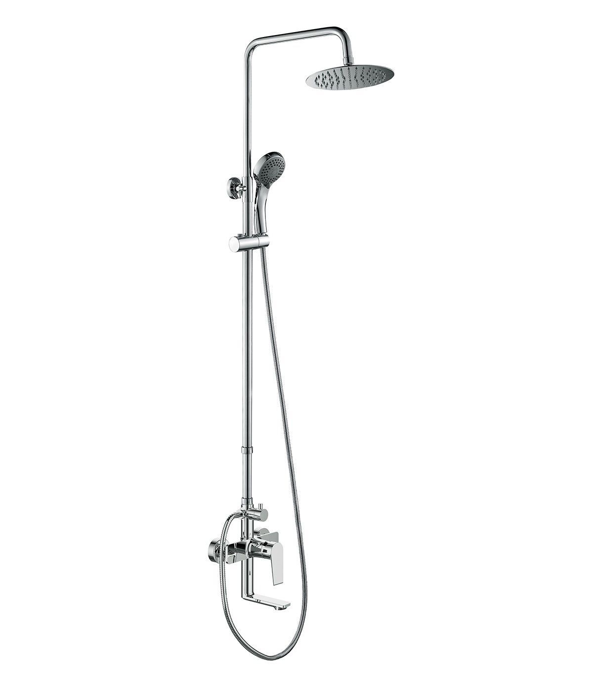 Un cabezal de ducha con una manguera conectada a él sobre un fondo blanco.