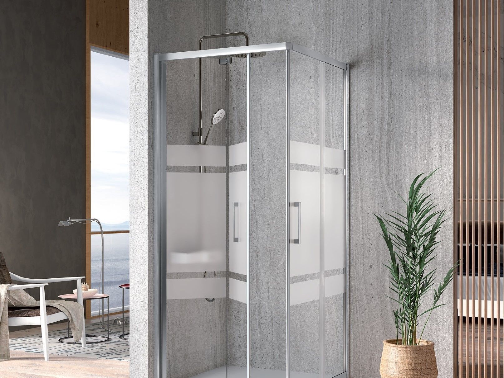 Un baño con cabina de ducha y una planta en maceta.