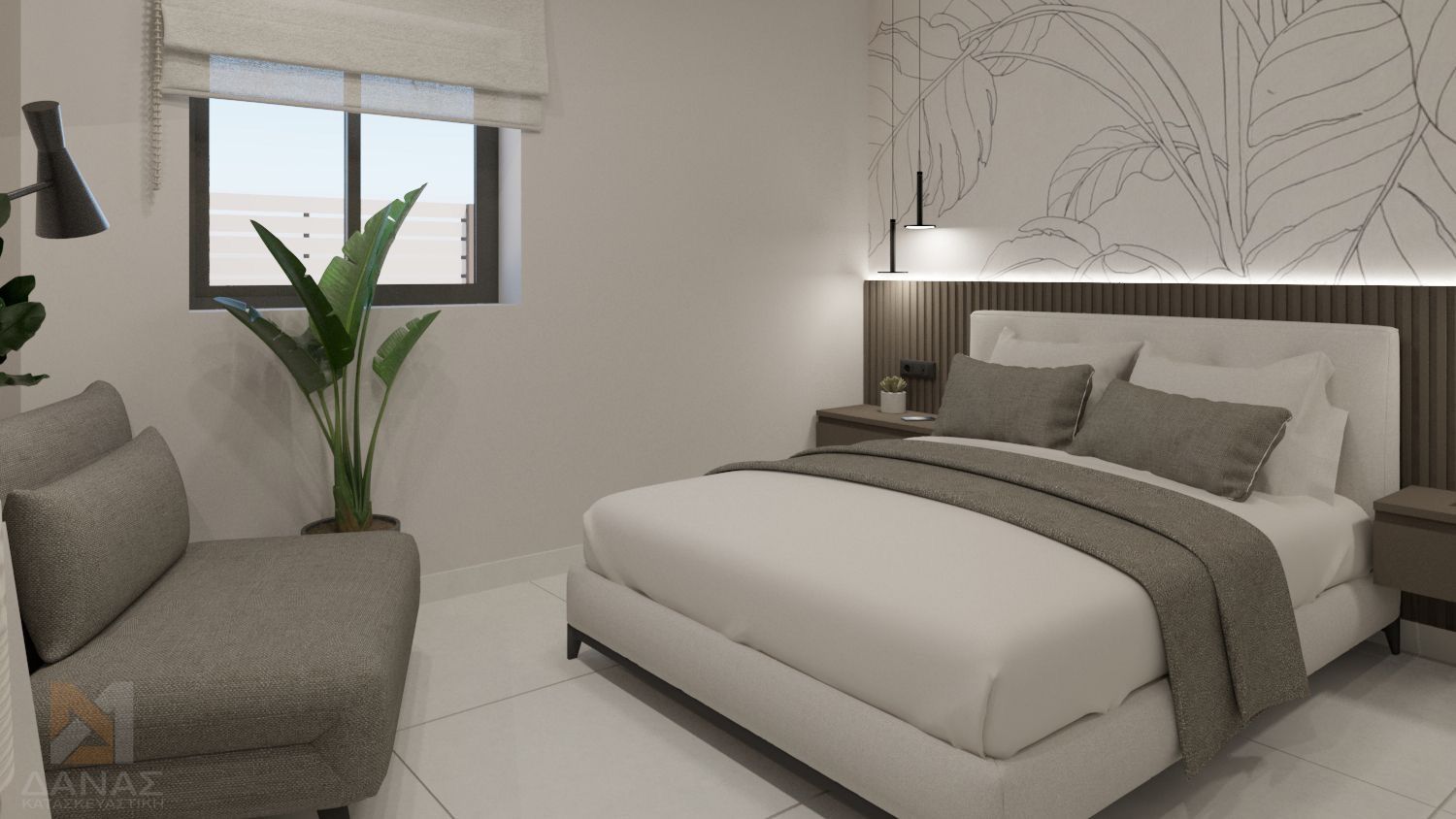 Bedroom with a bed, couch, plants, and a window with a modern design.