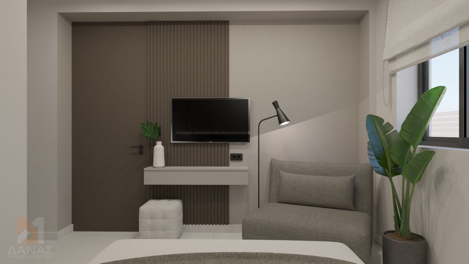 Bedroom with a TV mounted on a brown wall, gray chair, side table, and potted plant.