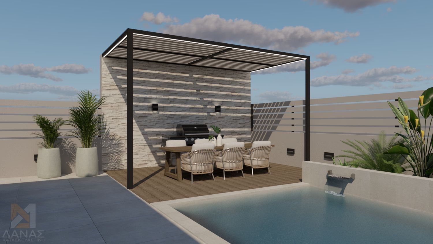 Outdoor pool area with a grill, seating under a pergola, and landscaping.