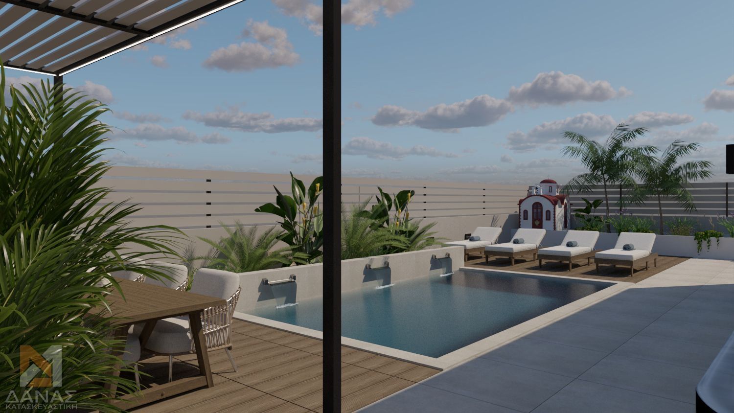 Poolside patio with pool, lounge chairs, plants, and a pergola.