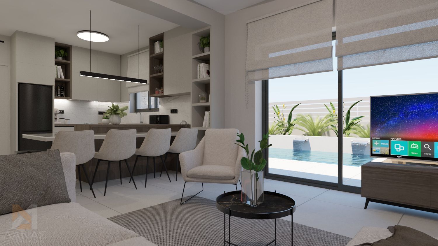 Modern living room with kitchen, pool view. Neutral tones, chairs, and a TV.
