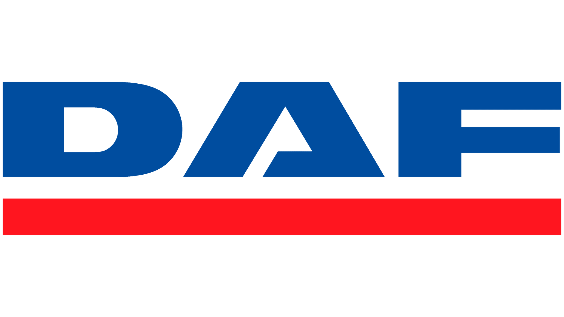 Logotipo de DAF Trucks con texto azul sobre una barra horizontal roja.