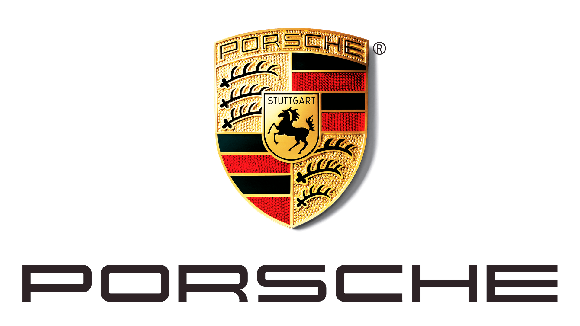Logotipo de Porsche: Escudo dorado con caballo negro, rayas rojas y negras, texto