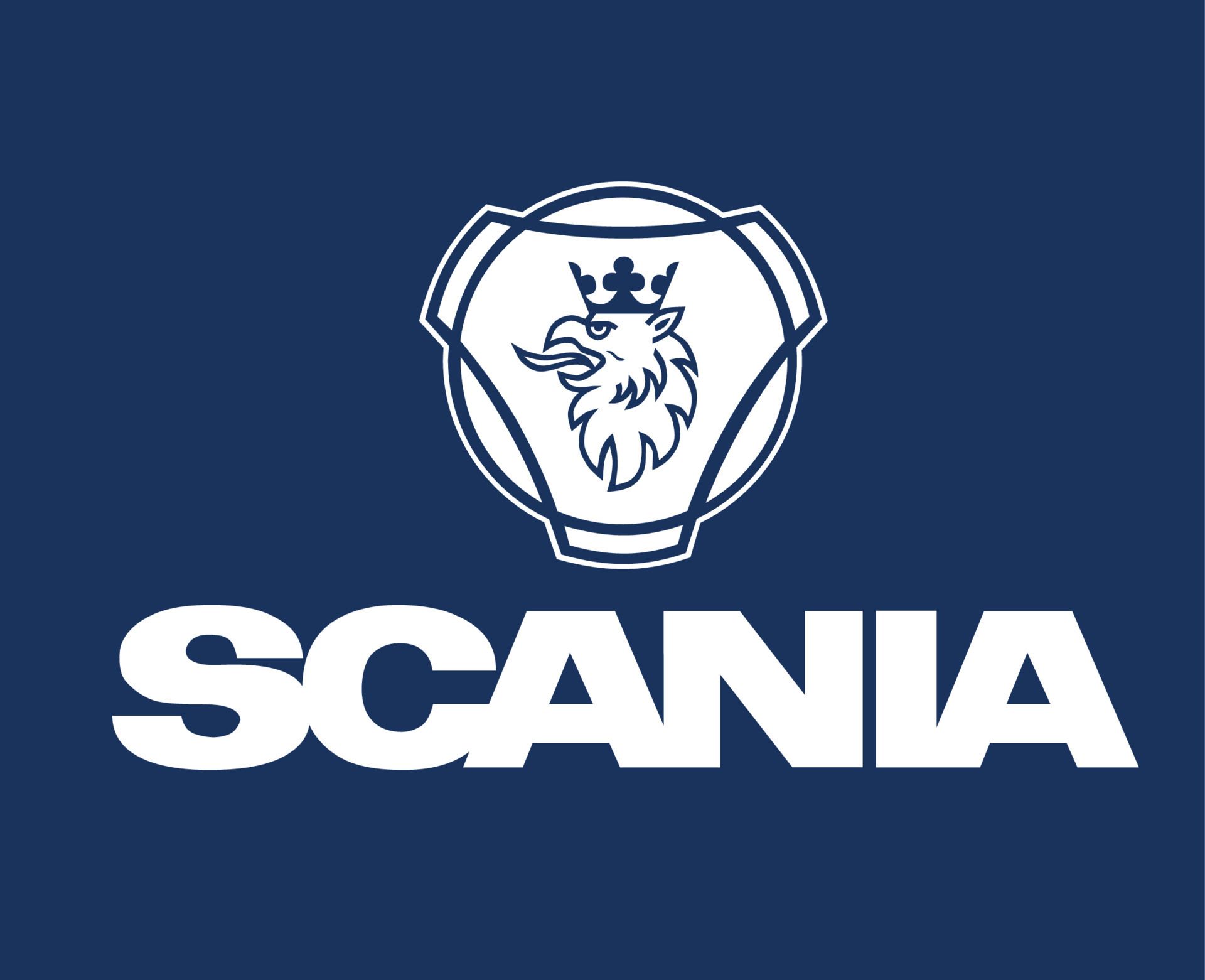 Logotipo de Scania con un grifo sobre fondo azul. La palabra «SCANIA» en blanco debajo.