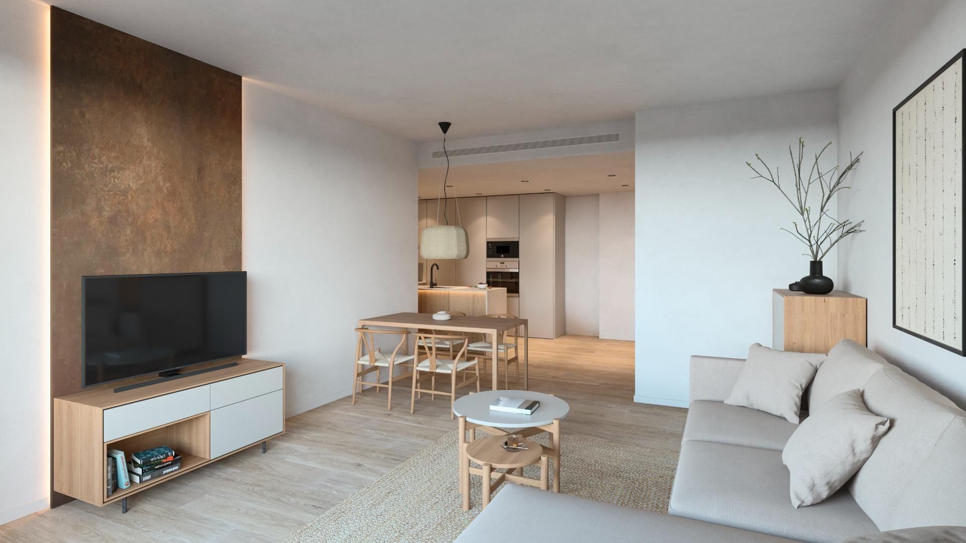 Sala de estar moderna y minimalista con sofá beige, muebles de madera y zona de comedor visible.