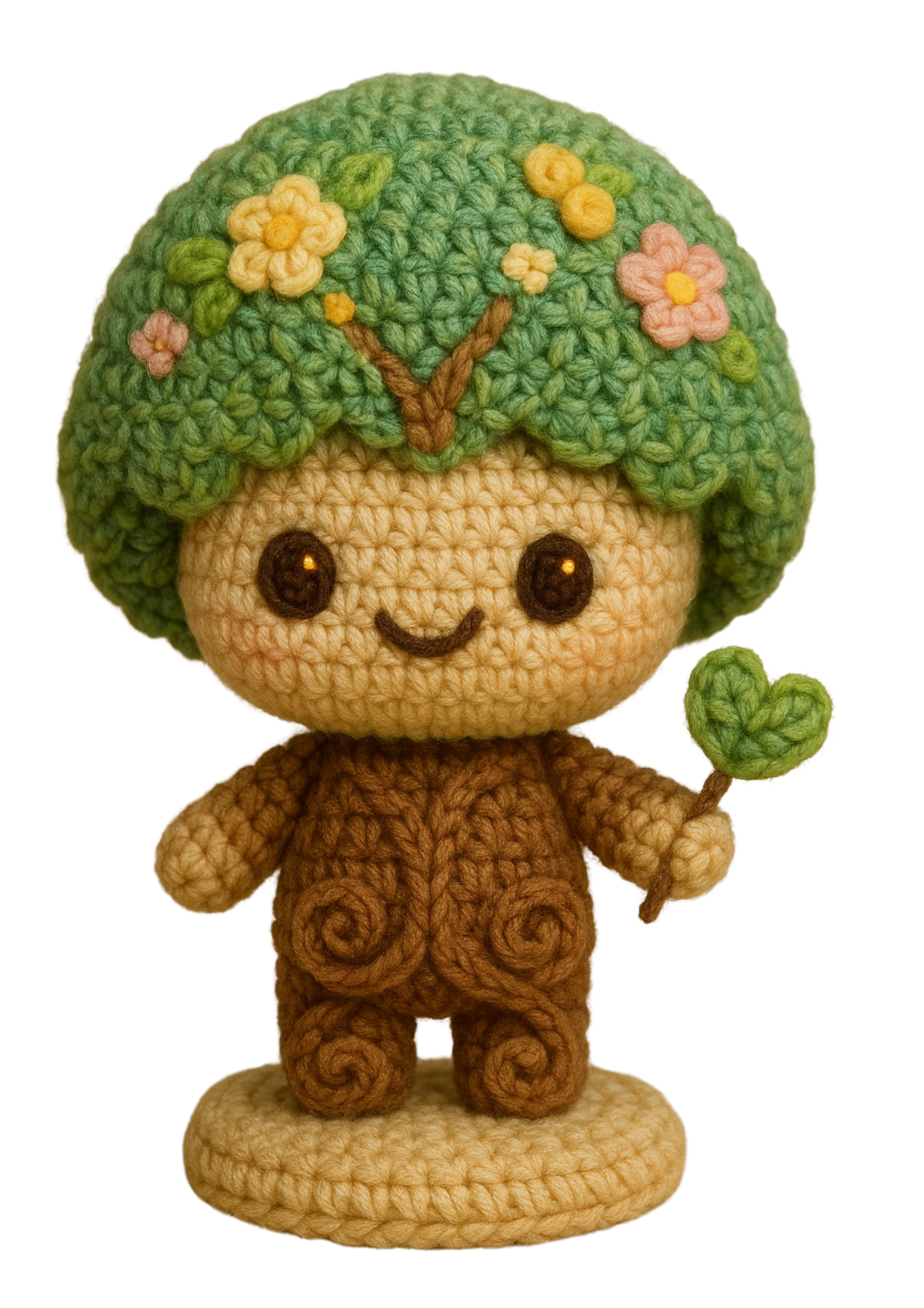 Figura de ganchillo de un árbol sonriente con copa verde y frondosa, que sostiene una hoja en forma de corazón.