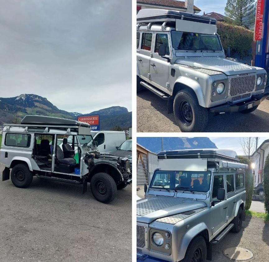 Eine Collage aus vier Bildern eines silbernen Jeeps