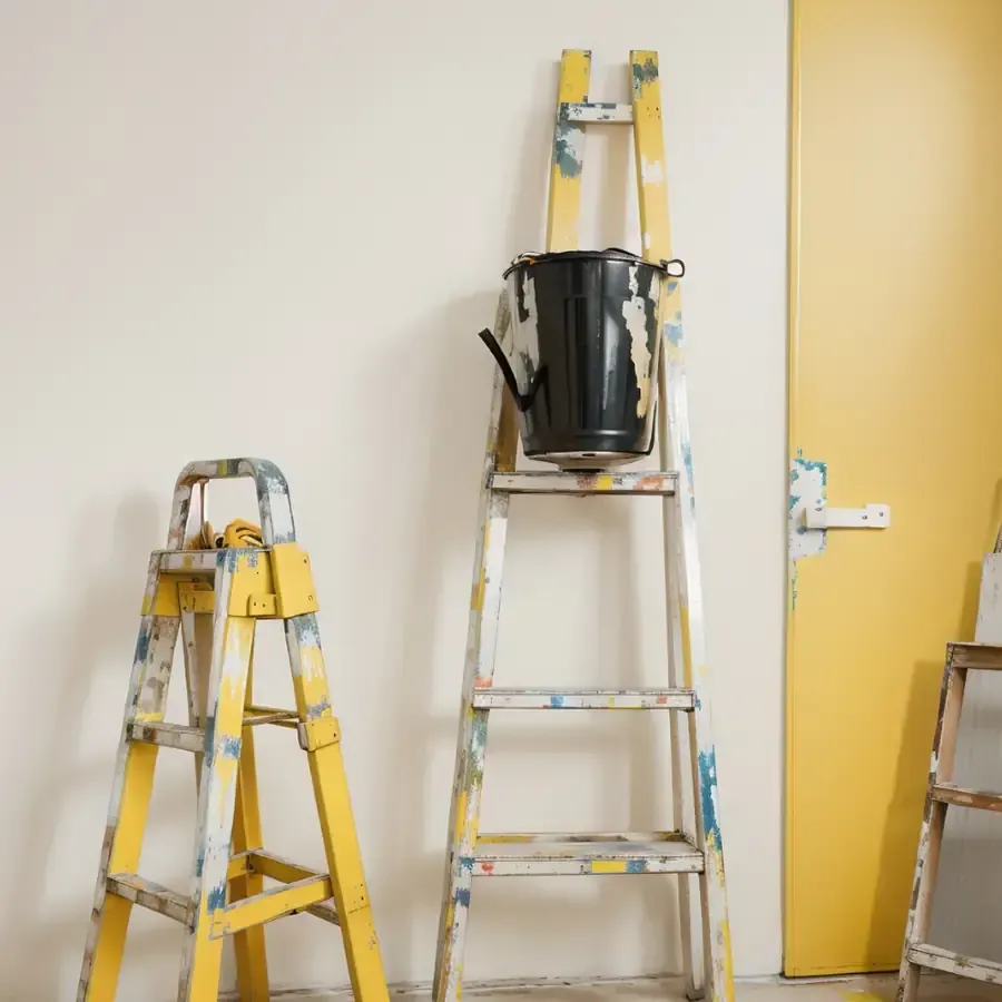 Escaleras amarillas con un cubo de pintura cerca de una puerta amarilla. Proyecto de pintura en curso.