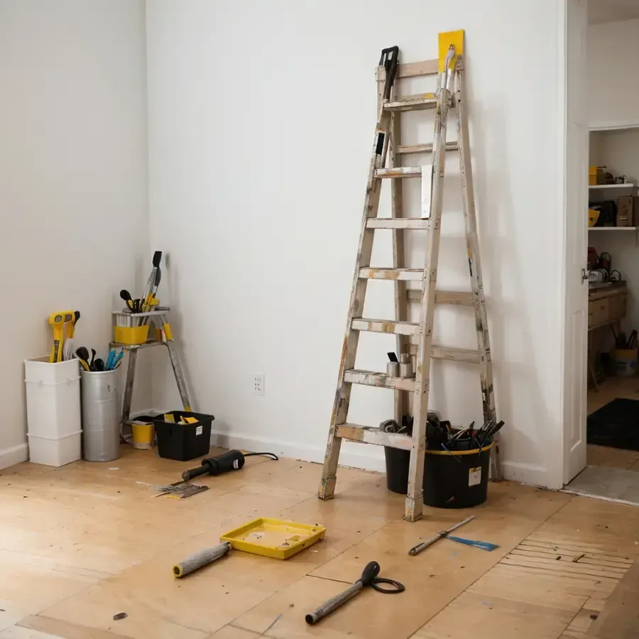 Reforma de habitación en curso con escalera, herramientas y suelo a la vista.