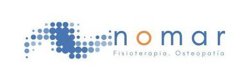Logotipo de NOMAR con patr&oacute;n de puntos azules y texto gris-naranja, &ldquo;Fisioterapia, Osteopat&iacute;a&rdquo; debajo.