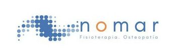 Logotipo de NOMAR con patrón de puntos azules y texto gris-naranja, “Fisioterapia, Osteopatía” debajo.