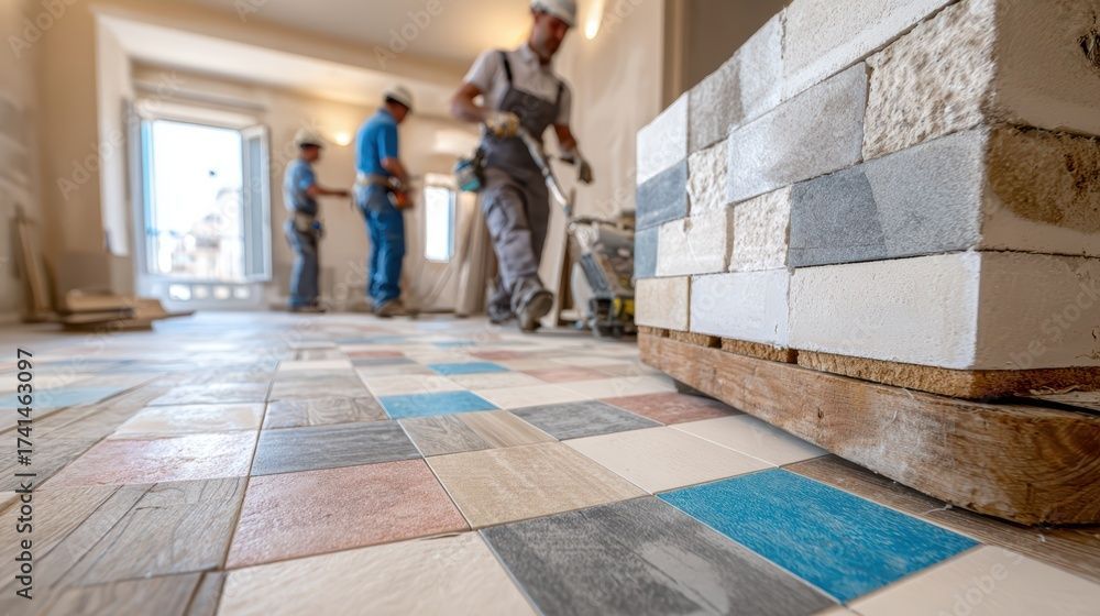 Des ouvriers du bâtiment posent un carrelage coloré ; pièce inachevée avec les matériaux.