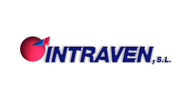 Logotipo de Intraven, sl que presenta una esfera roja con un tri&aacute;ngulo azul y el nombre en azul.
