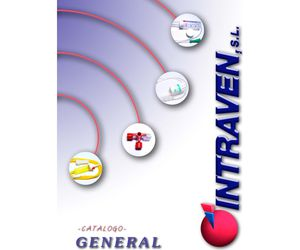 Portada del catálogo con el logotipo de la empresa “INTRAVEN, SL” e ilustraciones de productos médicos sobre fondo degradado.