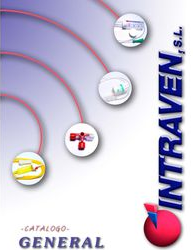 Portada del catálogo: «INTRAVEN, SL» con ilustraciones e imágenes del producto. Colores rojo, azul y blanco.